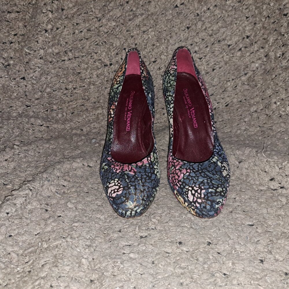 GIULIANO VENANZI Italy-Crackled Nubuck Colorful Florals-Platform-Sz 8-Excellent - Picture 3 of 8
